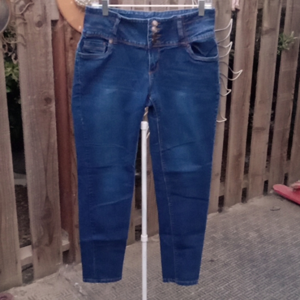 Woman's blue bamboo jeans. Button fly. Size 12. Very good stretch.